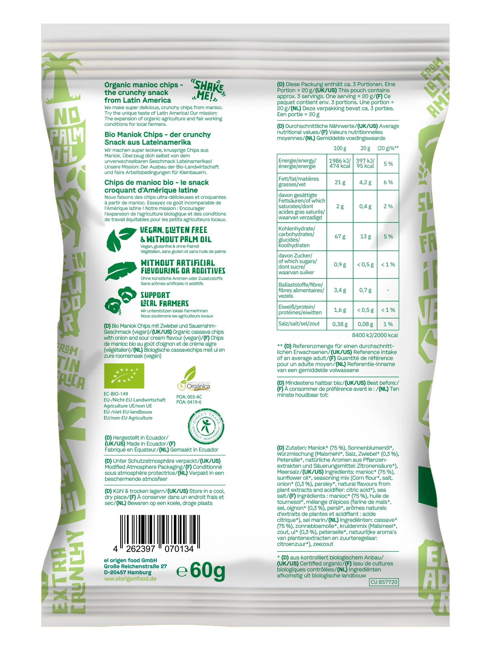 el Origen Bio Maniok Chips mit Sour Cream & Onion Geschmack, 60 g - Image 2