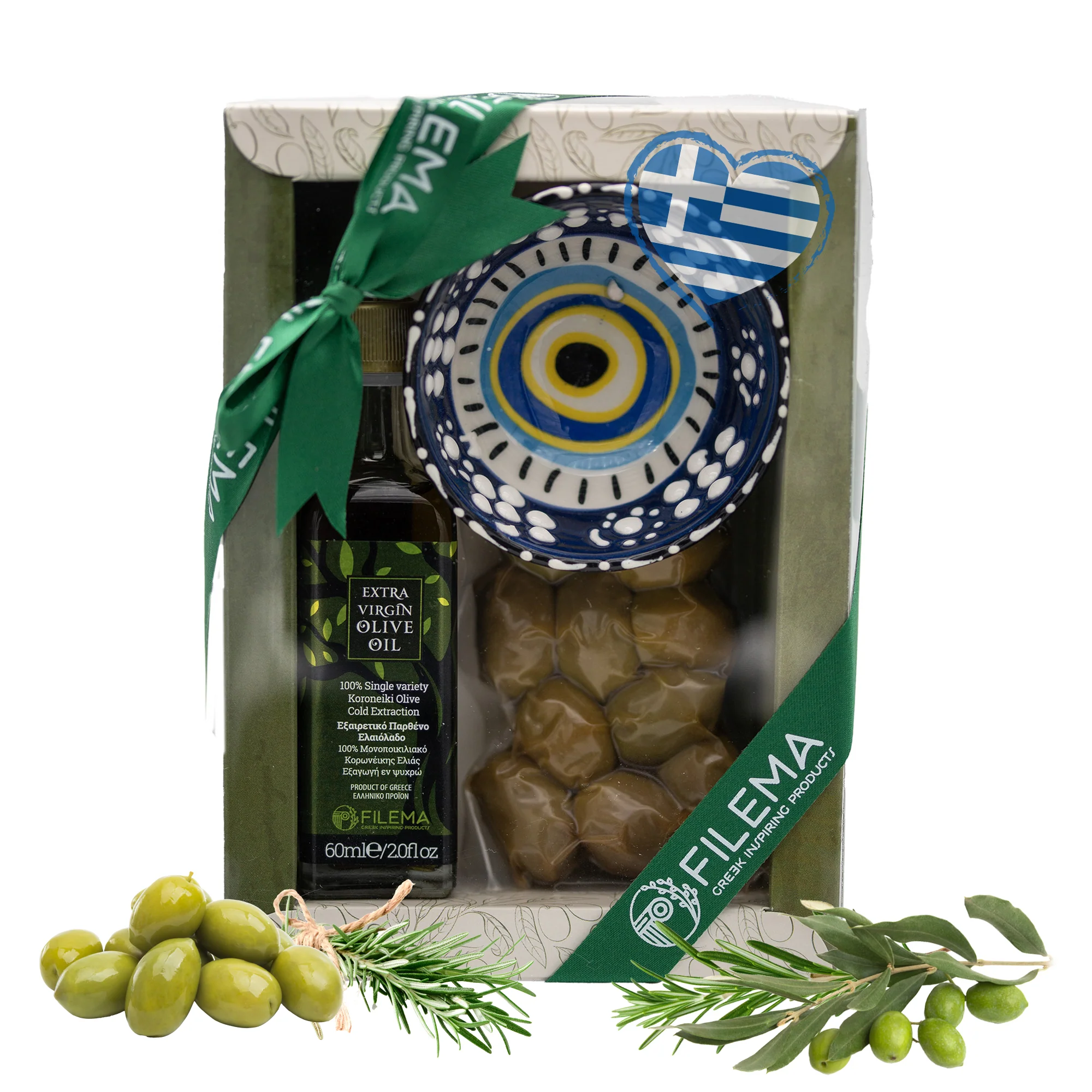 FILEMA Geschenkset Olivenöl, Oliven & Keramikschale, 60 ml + 60 g